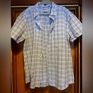 Barbour Seersucker Short Sleeve Blue Check Button Up Shirt XL Tailored Fit